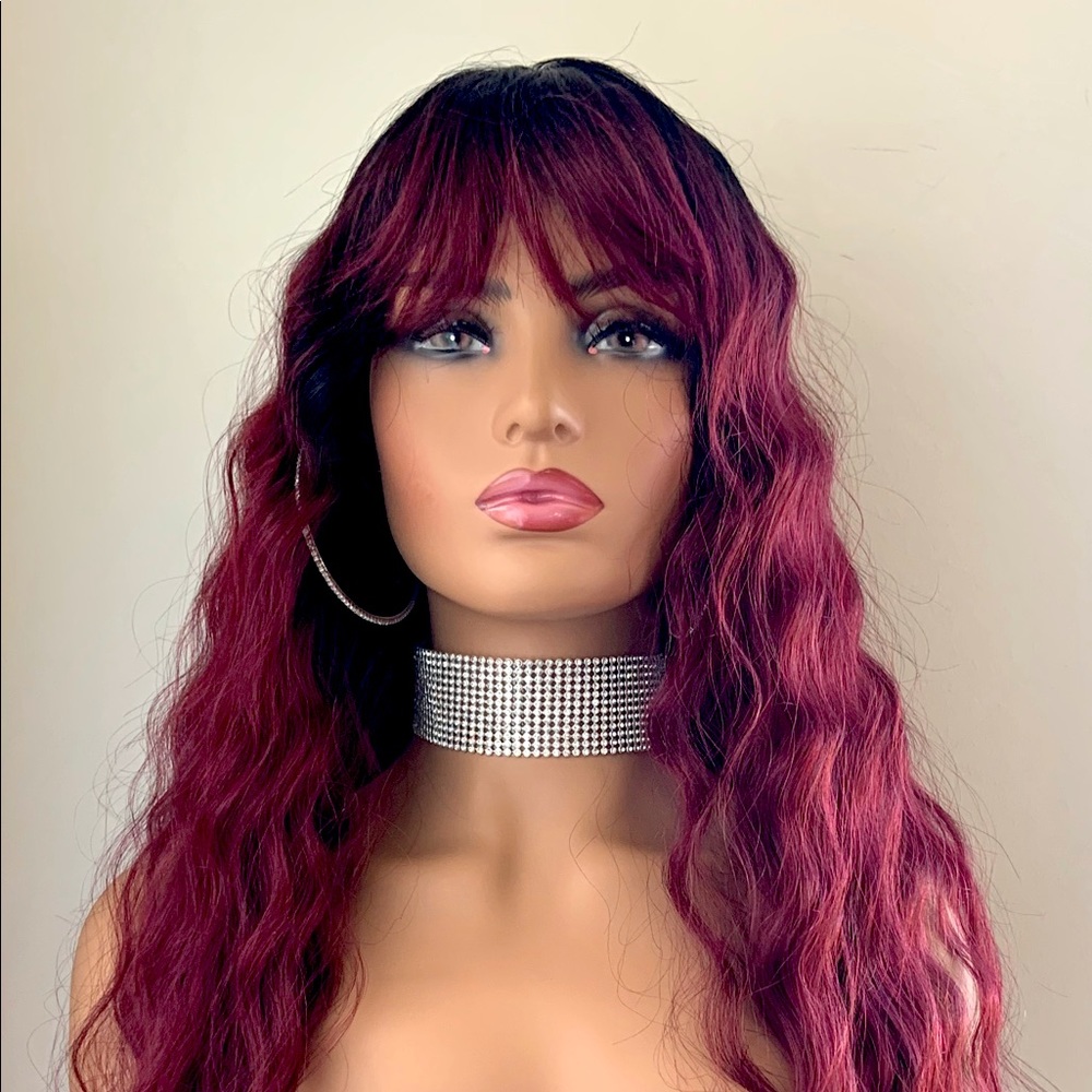 A Pretty 30” Ombre Burgundy Wig with Bangs